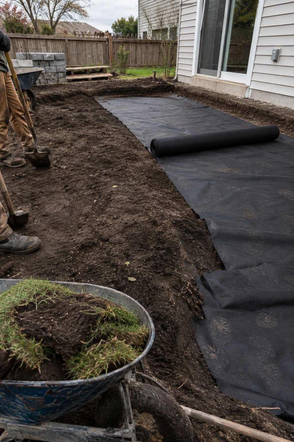 Excavated patio site with landscape fabric being laid over exposed soil
