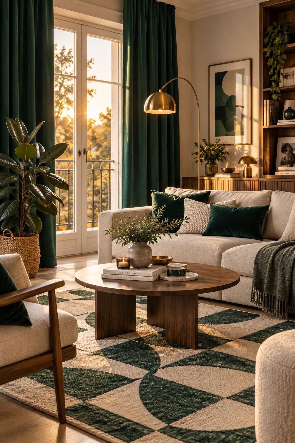 Living room with emerald curtains matched to a neutral color palette