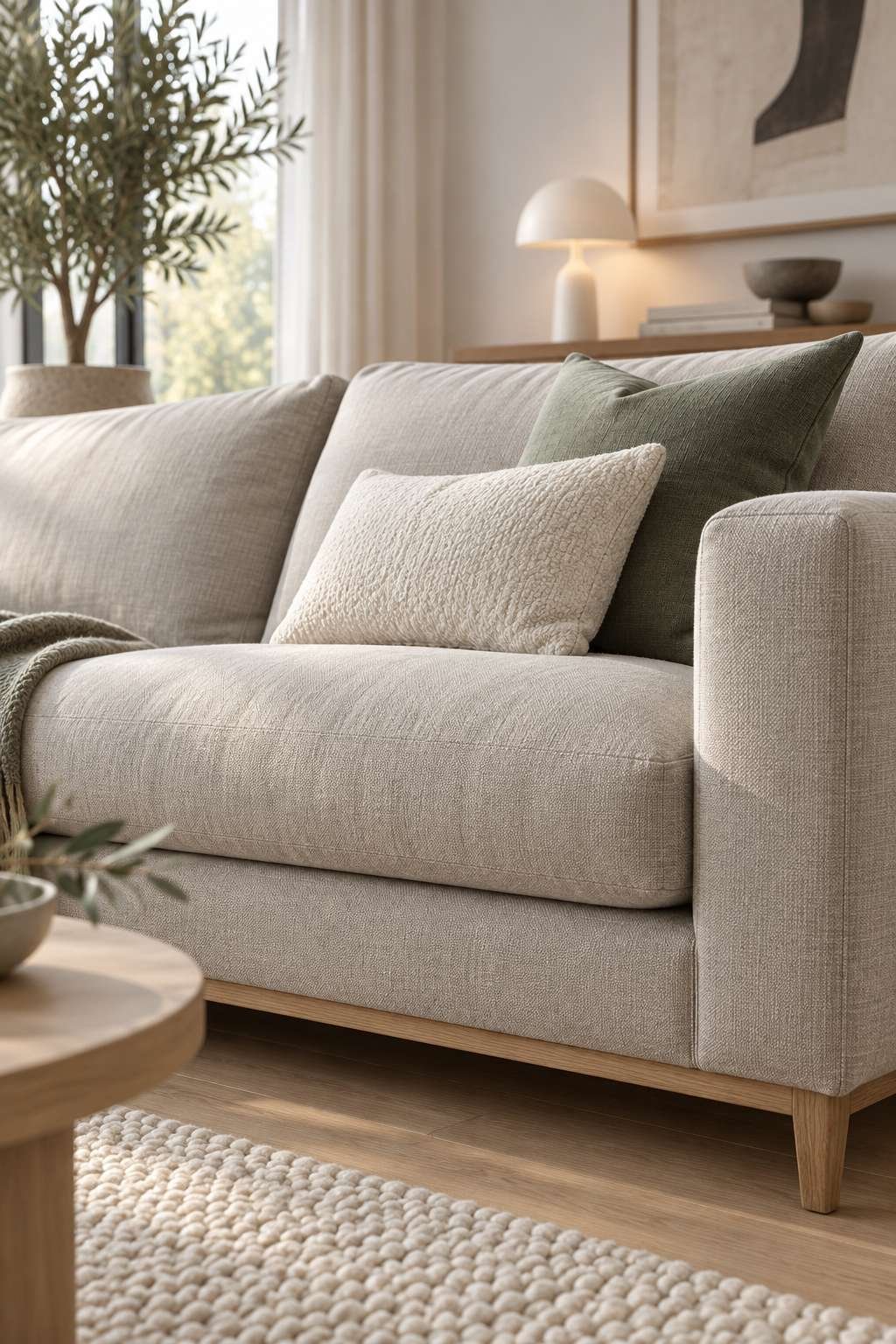 Deep-seated performance fabric sofa chosen as a living room centerpiece