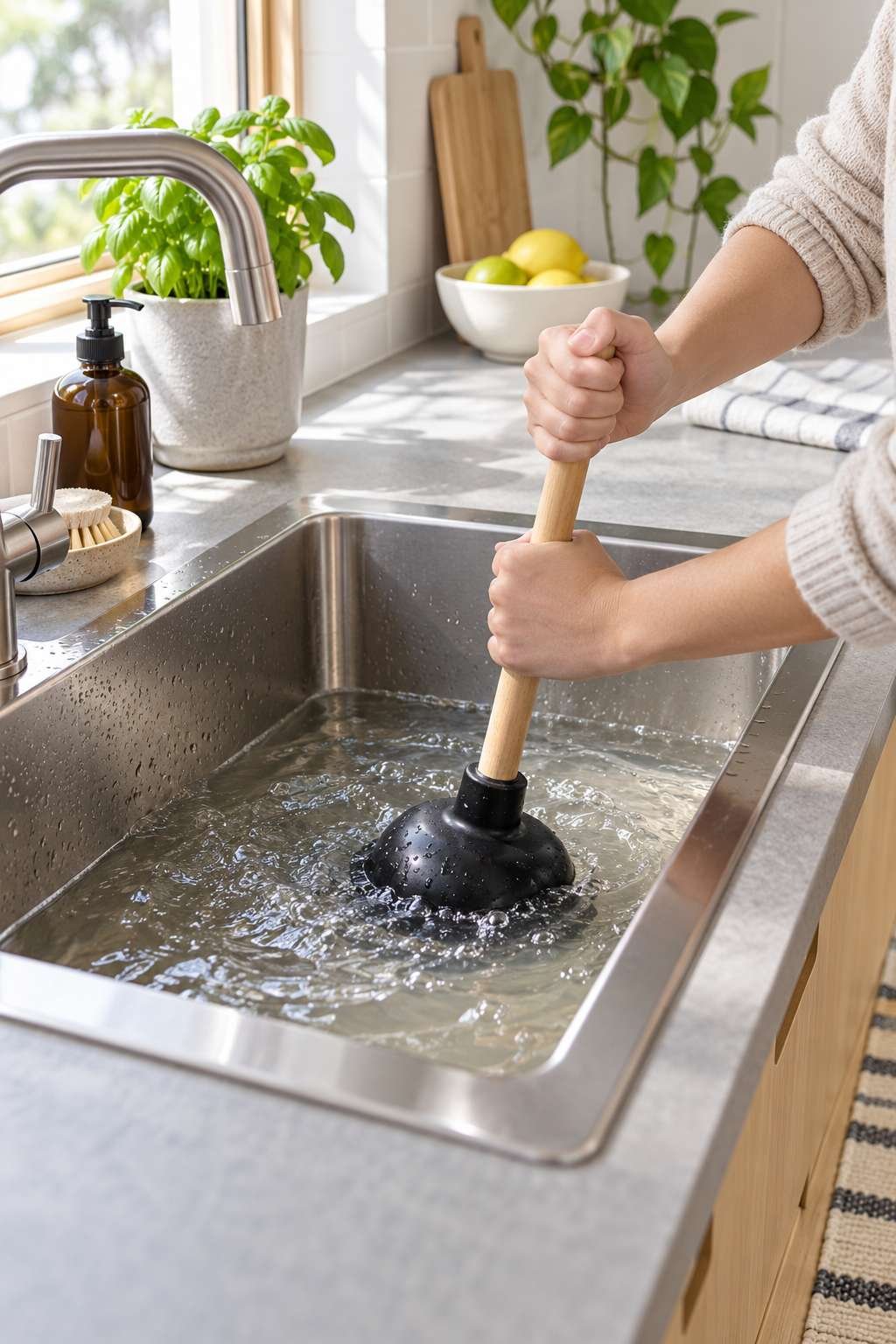 Using a sink plunger to clear a clogged kitchen sink drain