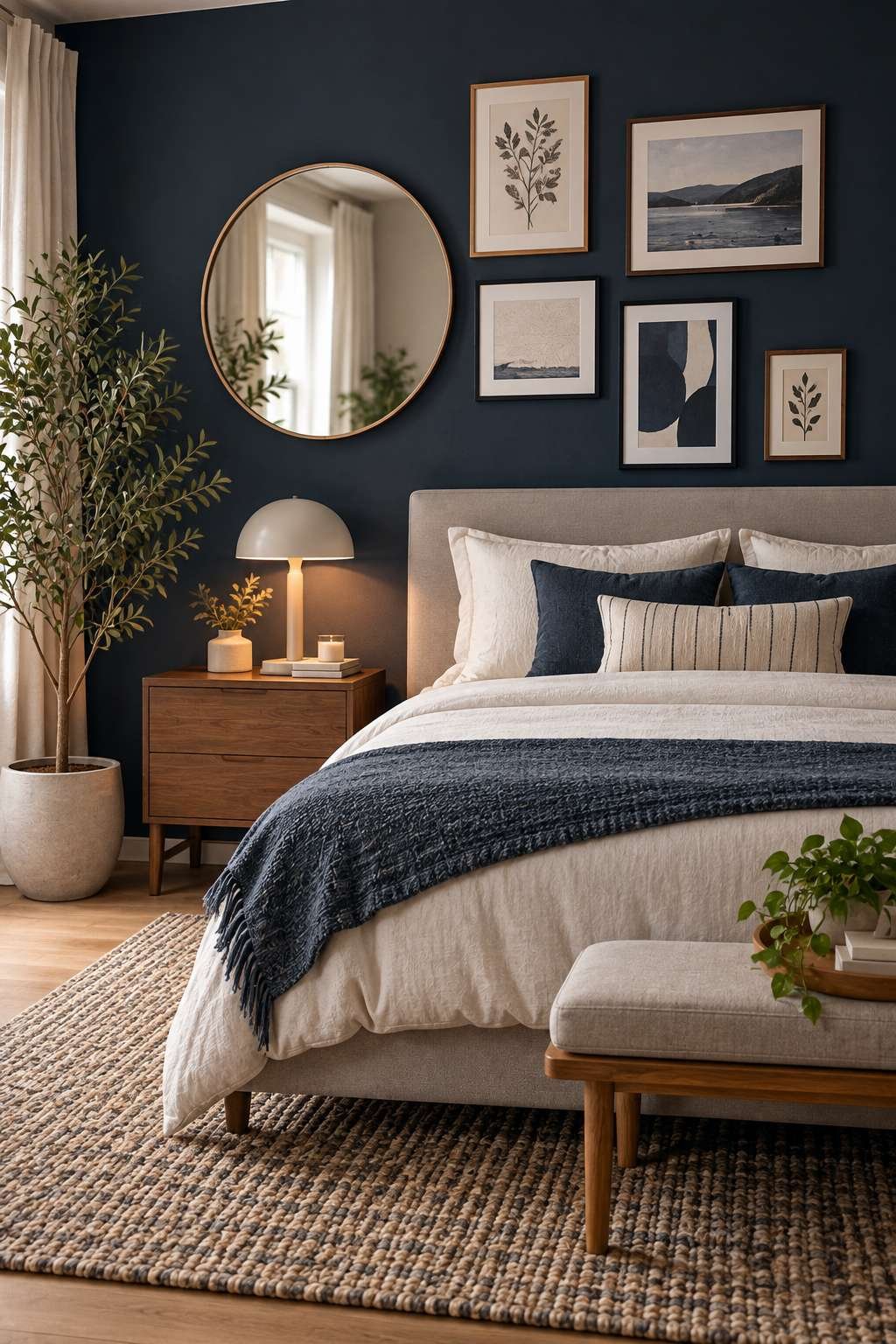 Bedroom wall decor with gallery art grouping and a large mirror