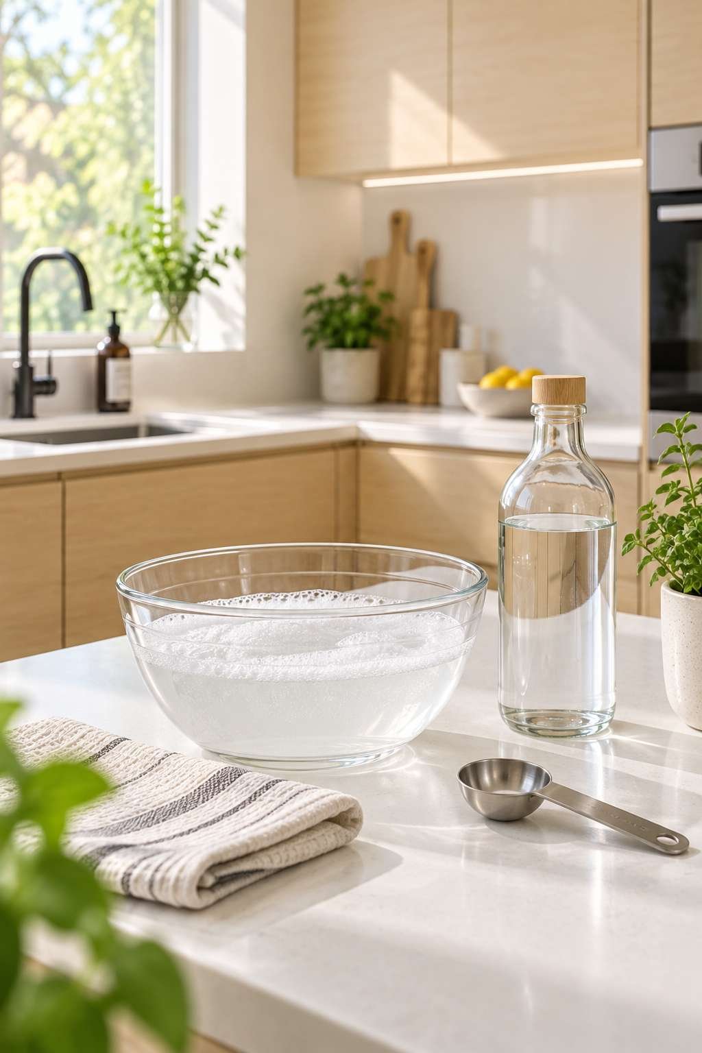Bowl of gentle cleaning solution for wood kitchen cabinets on a counter