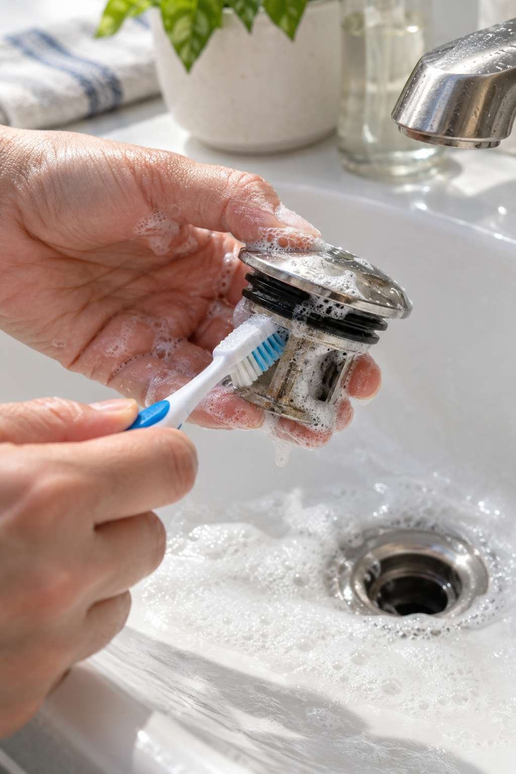 Scrubbing a bathroom sink stopper clean with a toothbrush
