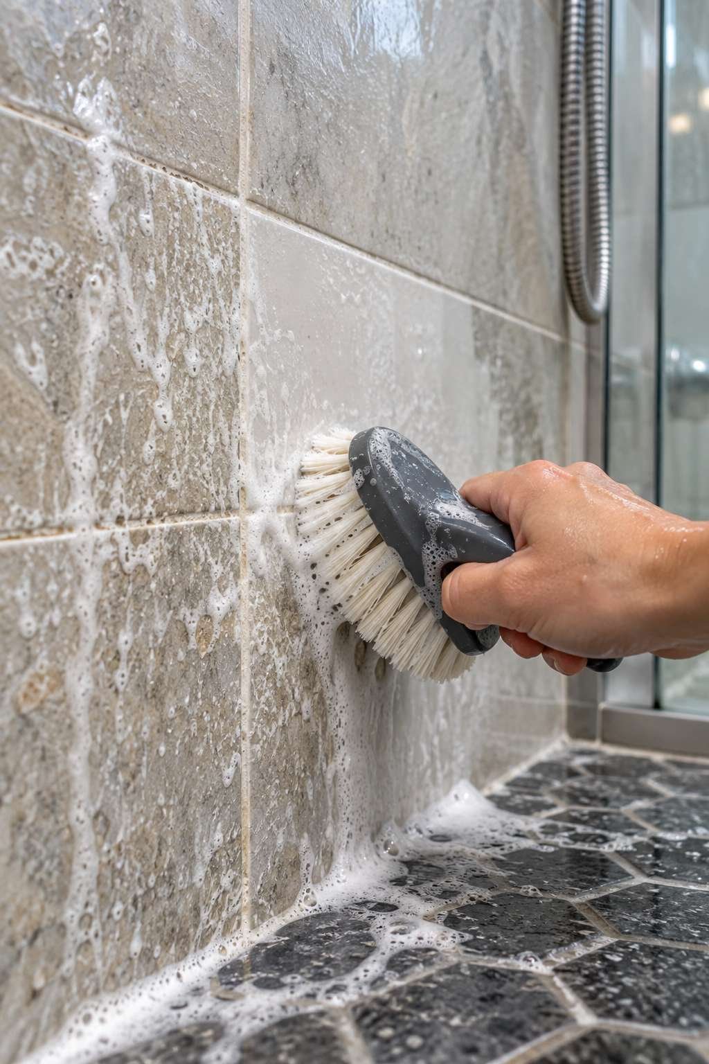 Scrubbing soap scum buildup off shower wall tile
