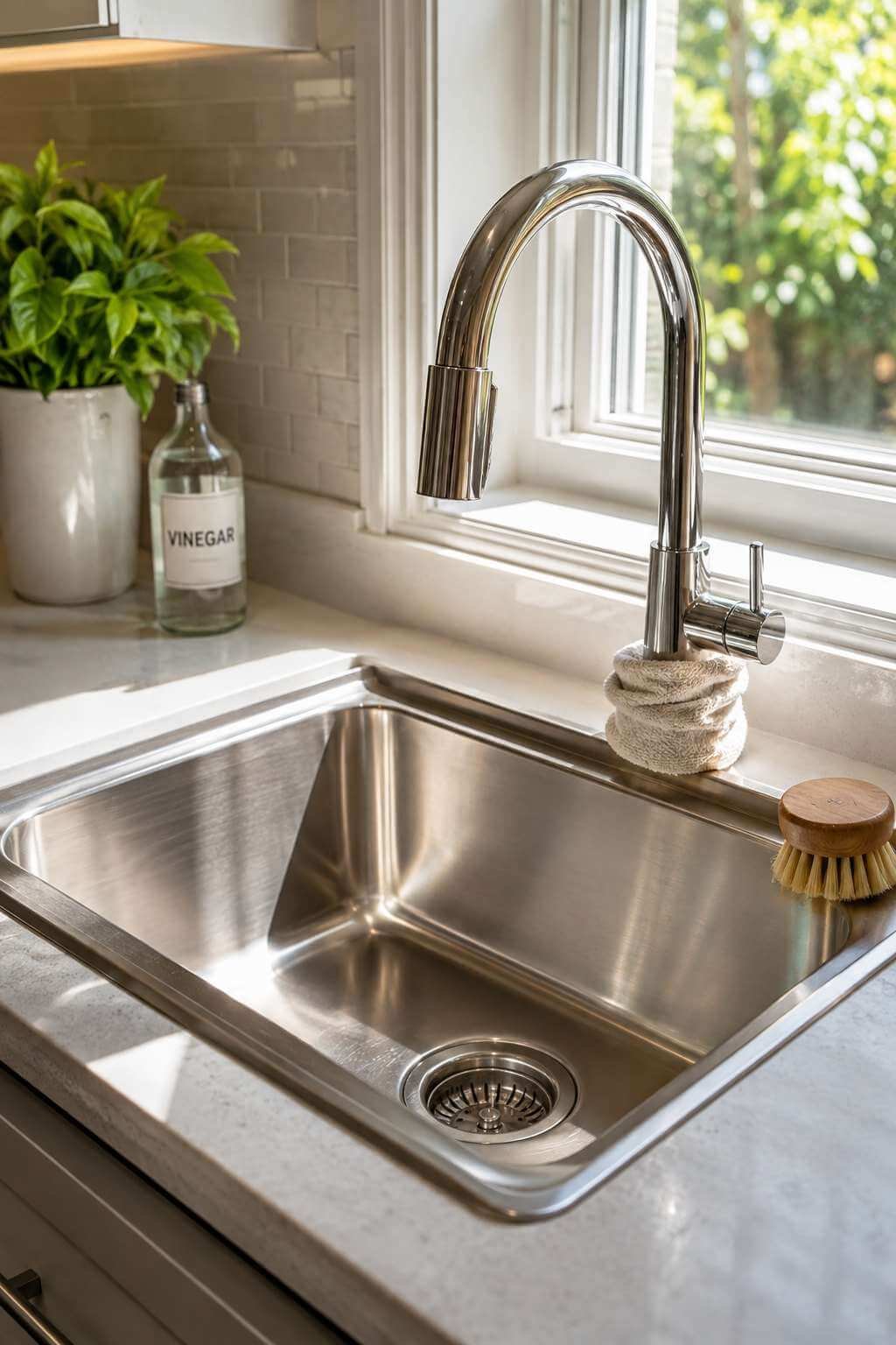 Shiny clean kitchen sink with faucet being descaled and disinfected