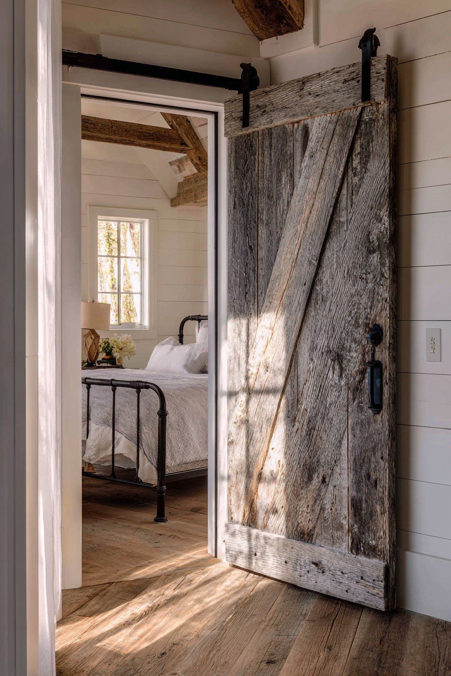 Weathered reclaimed barn wood bedroom door with iron strap hinges and thumb latch beside whitewashed shiplap