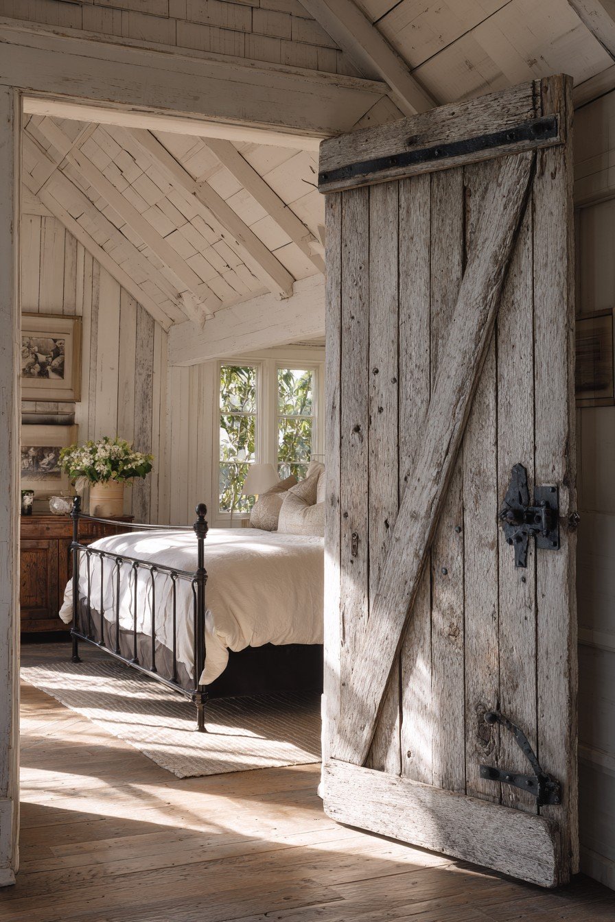 Weathered reclaimed barn wood bedroom door with iron strap hinges and thumb latch beside whitewashed shiplap
