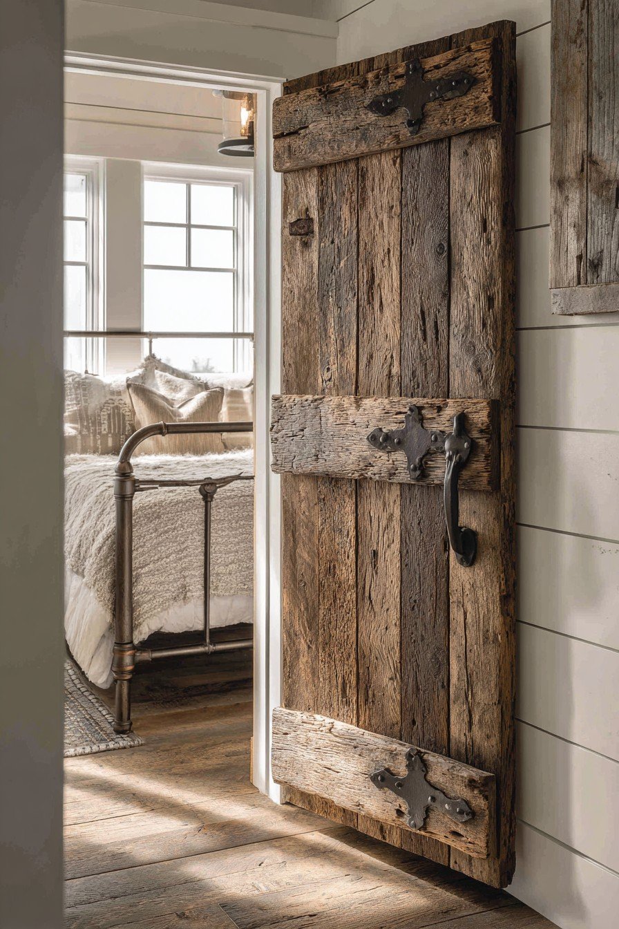 Weathered reclaimed barn wood bedroom door with iron strap hinges and thumb latch beside whitewashed shiplap