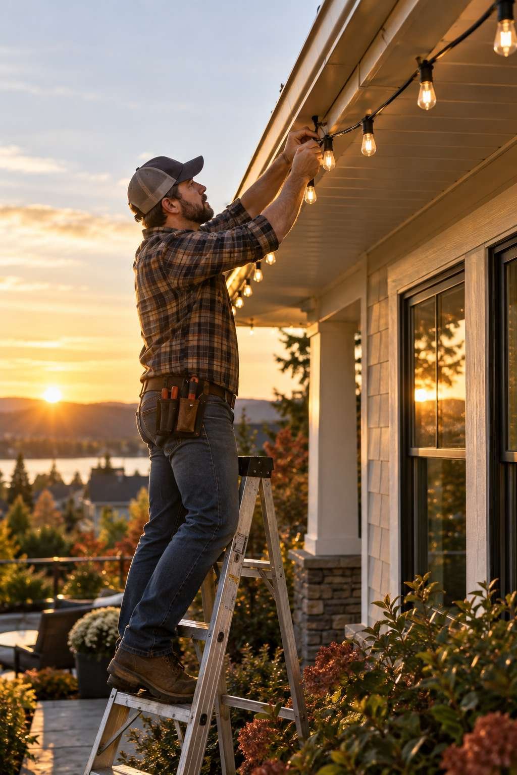 Hanging exterior string lights along a roofline