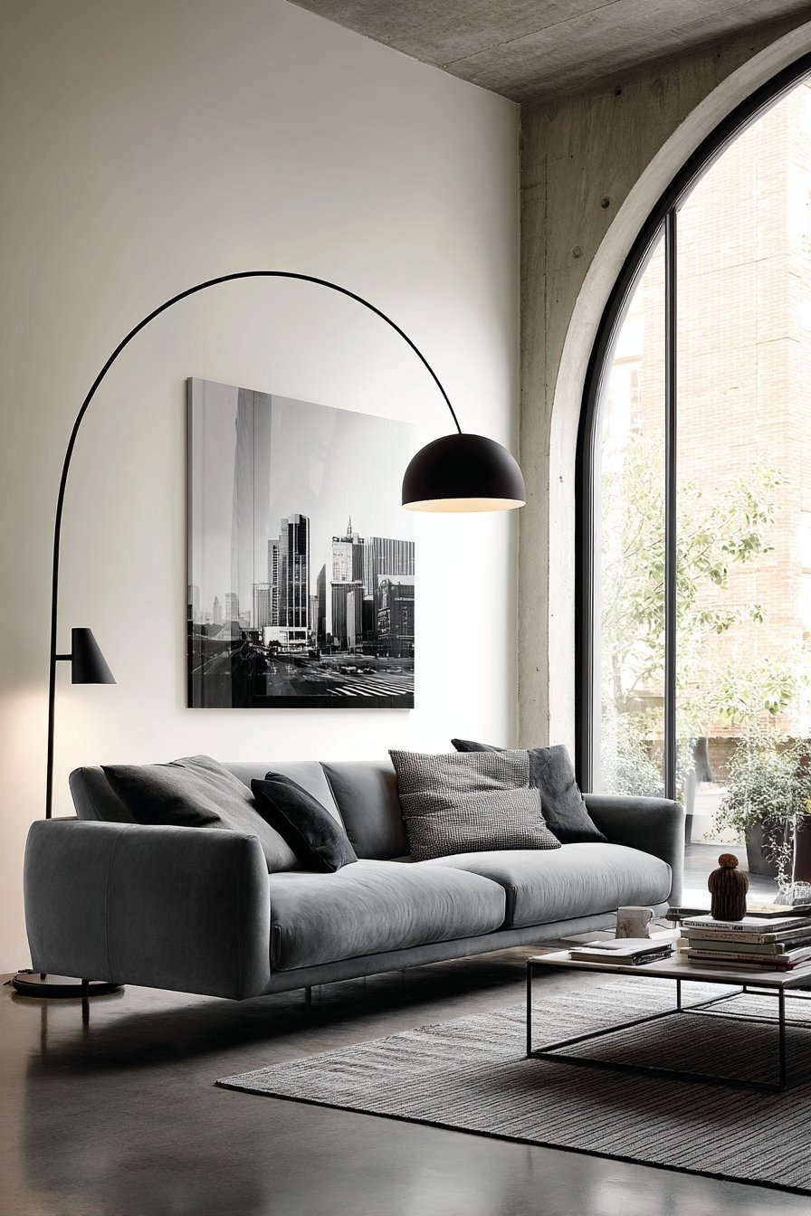Minimalist living room with oversized black and white print above a grey velvet sofa on polished concrete