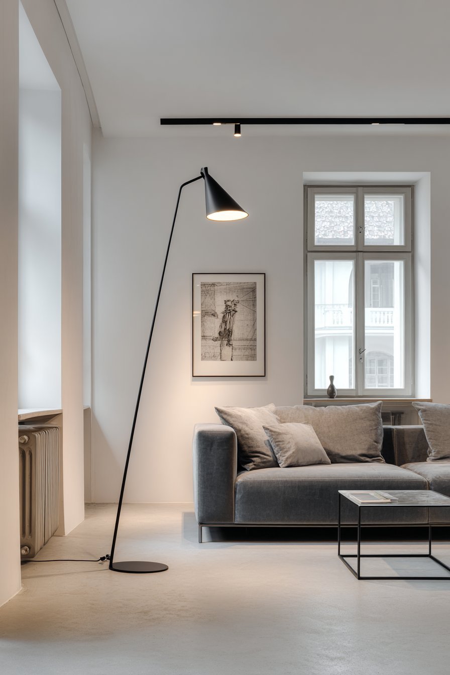 Minimalist living room with oversized black and white print above a grey velvet sofa on polished concrete