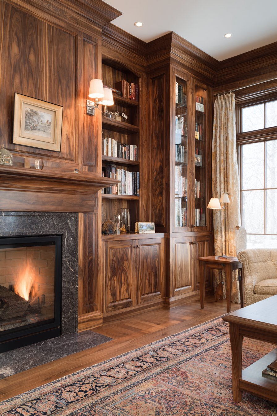Walnut built-in bookcase around a fireplace with glass-fronted china cabinets and raised panel lower doors