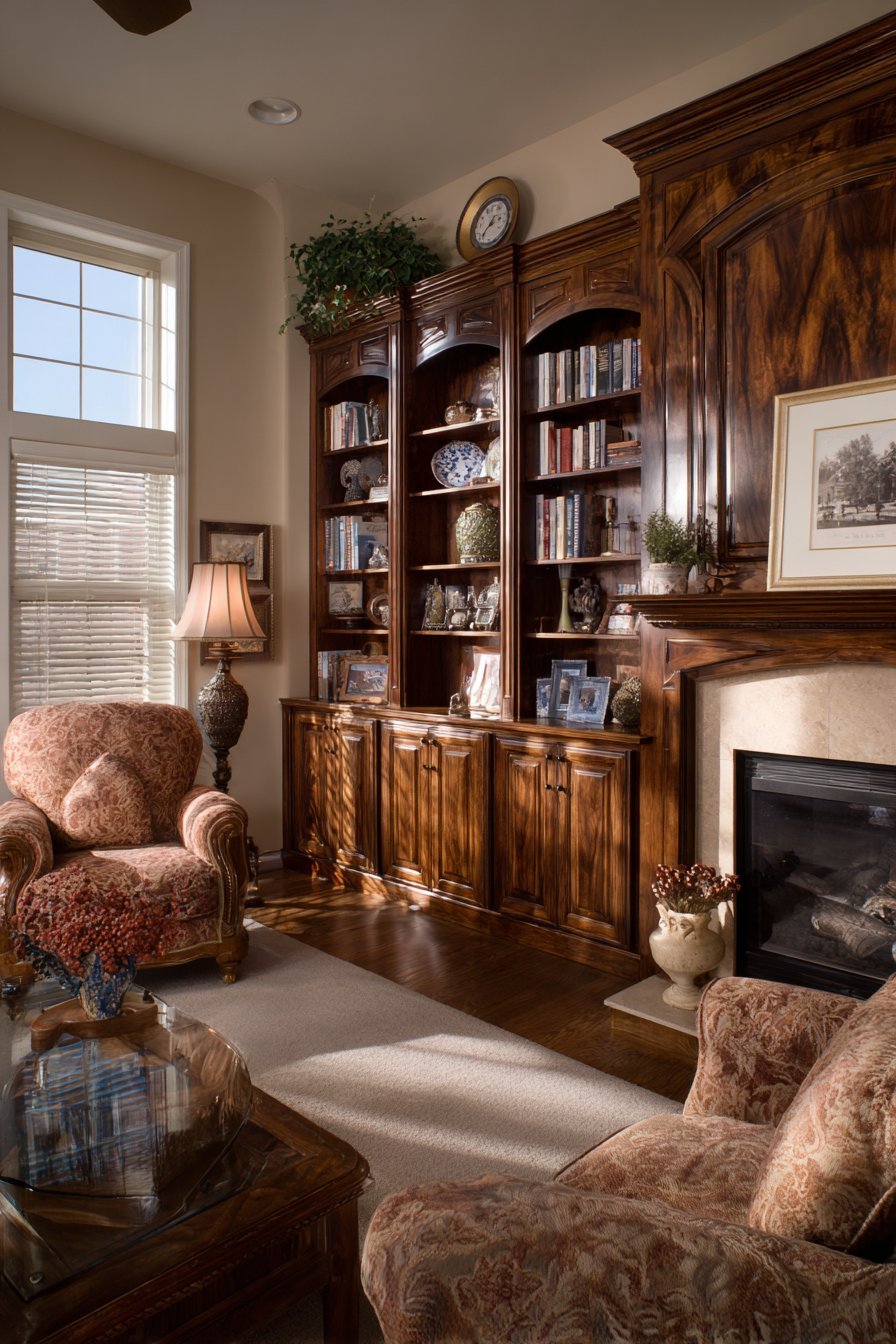 Walnut built-in bookcase around a fireplace with glass-fronted china cabinets and raised panel lower doors