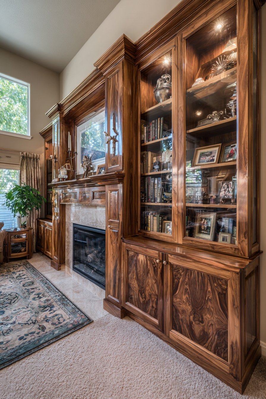 Walnut built-in bookcase around a fireplace with glass-fronted china cabinets and raised panel lower doors