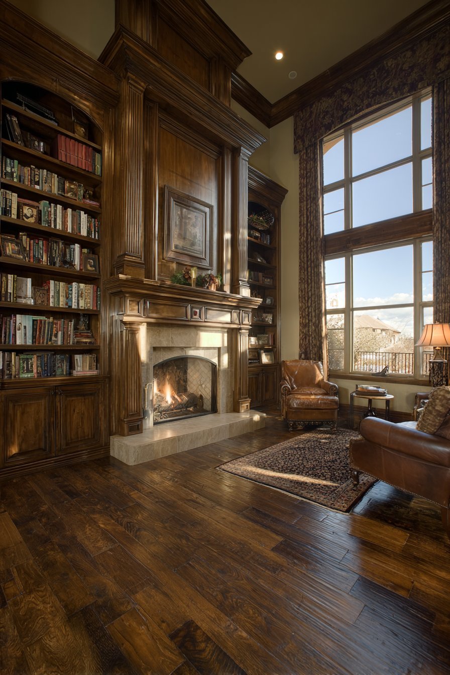 Walnut built-in bookcase around a fireplace with glass-fronted china cabinets and raised panel lower doors