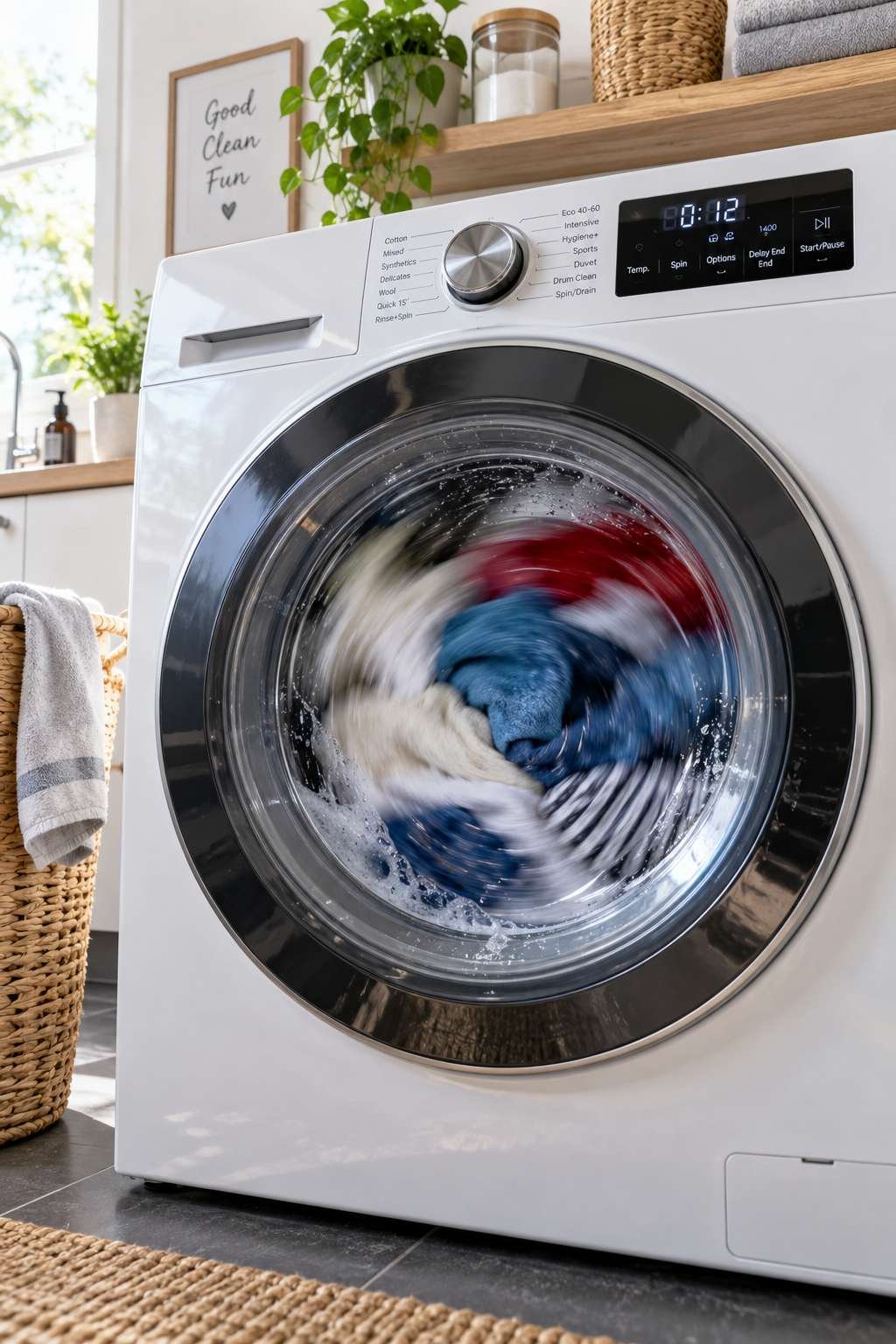 Washing machine door showing clothes tumbling during a high-speed spin cycle