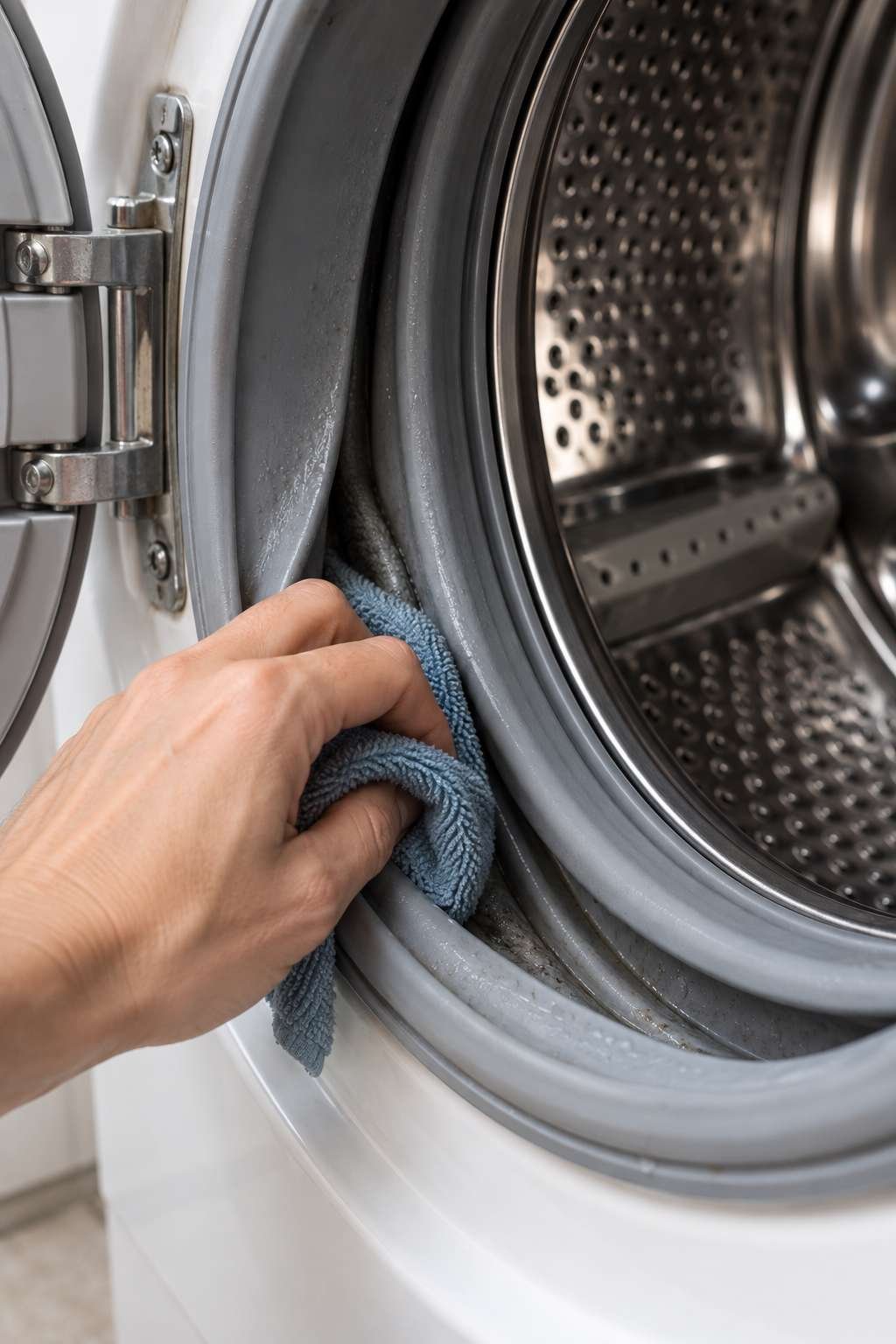 Wiping the rubber door gasket of a washing machine