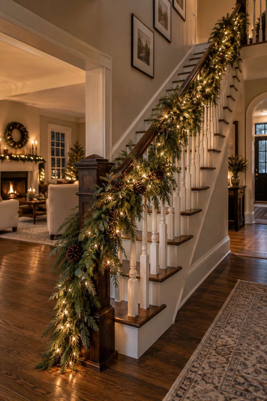 Staircase railing decorated with string lights and garland