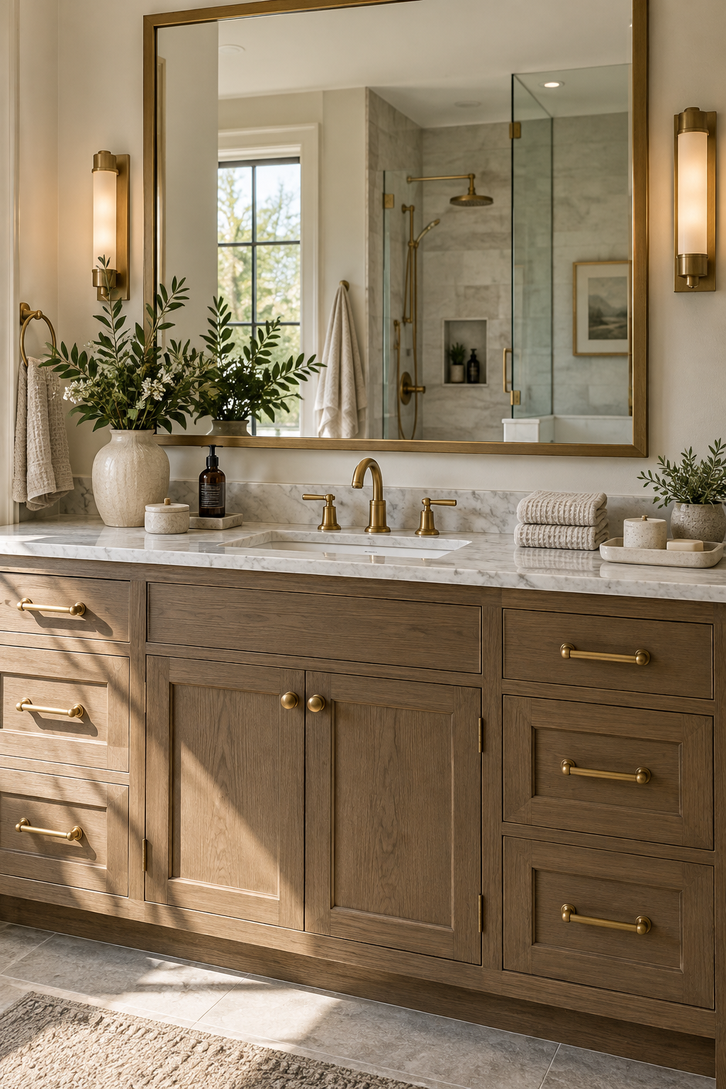 Styled bathroom vanity with framed mirror and brass hardware