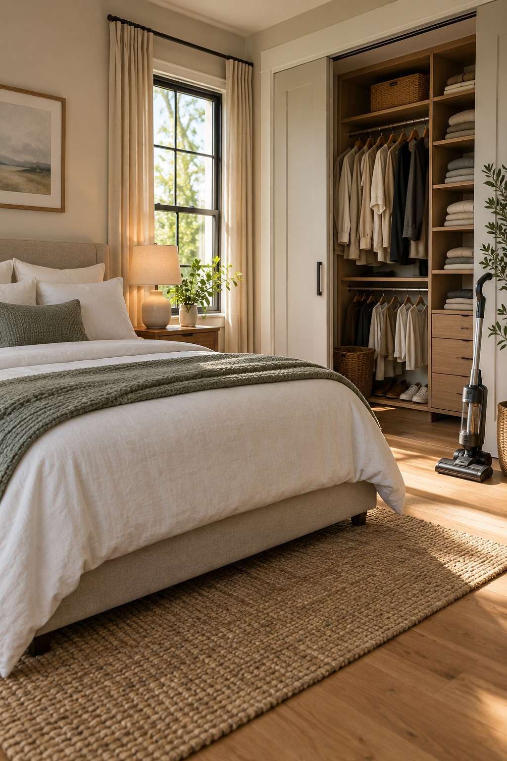 Freshly cleaned bedroom with organized closet and made bed
