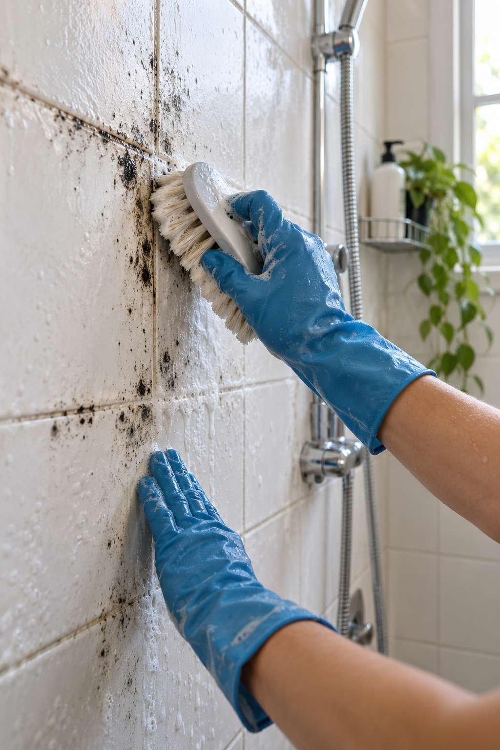 Scrubbing mold from a bathroom wall with a brush and solution