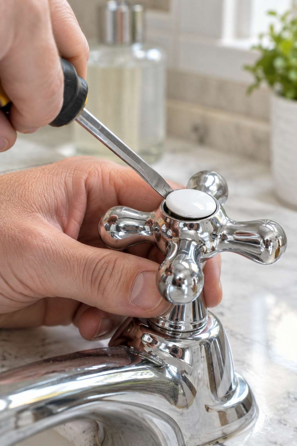 Removing the handle cap from a bathroom faucet