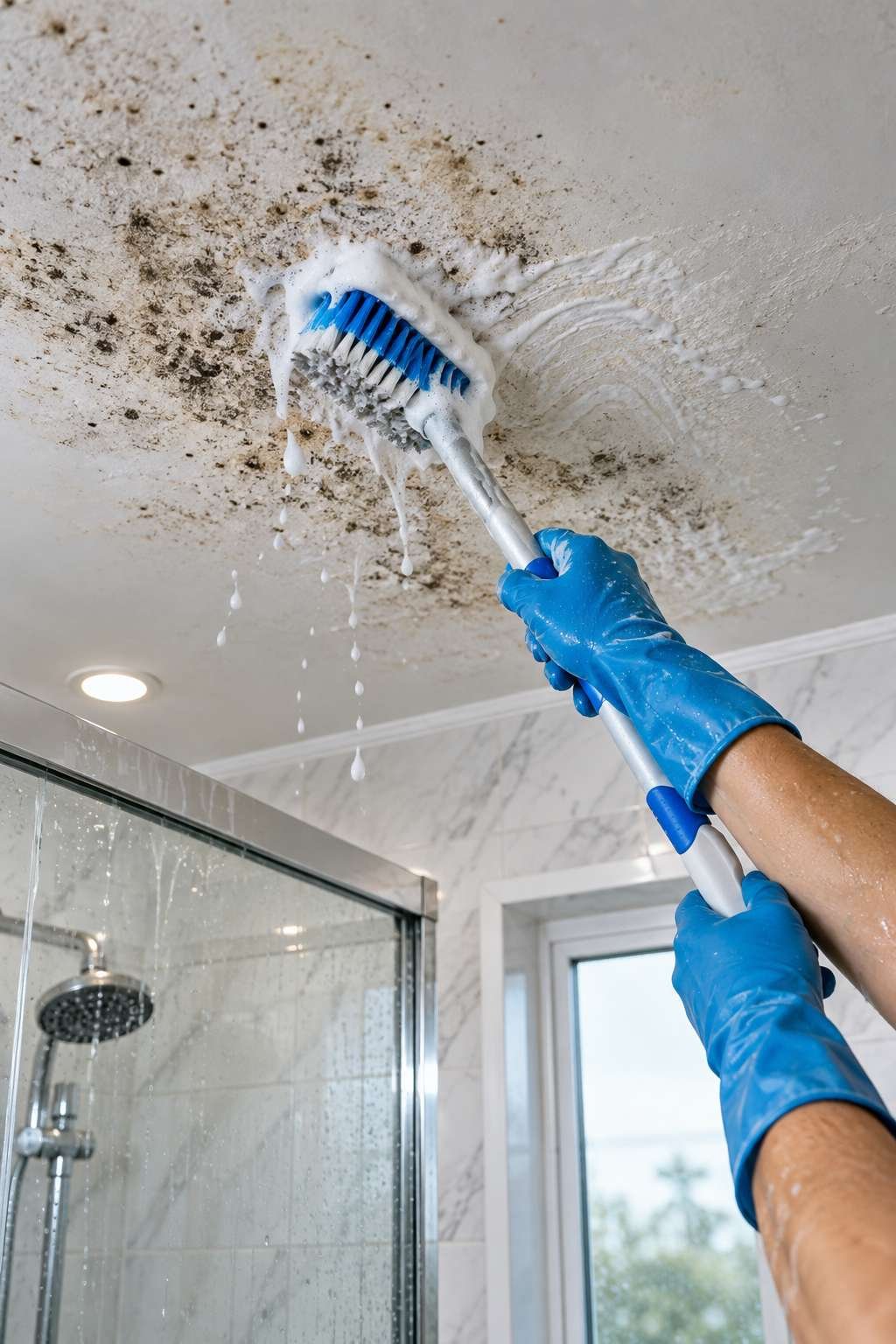 Scrubbing mould from a bathroom ceiling with a brush and solution