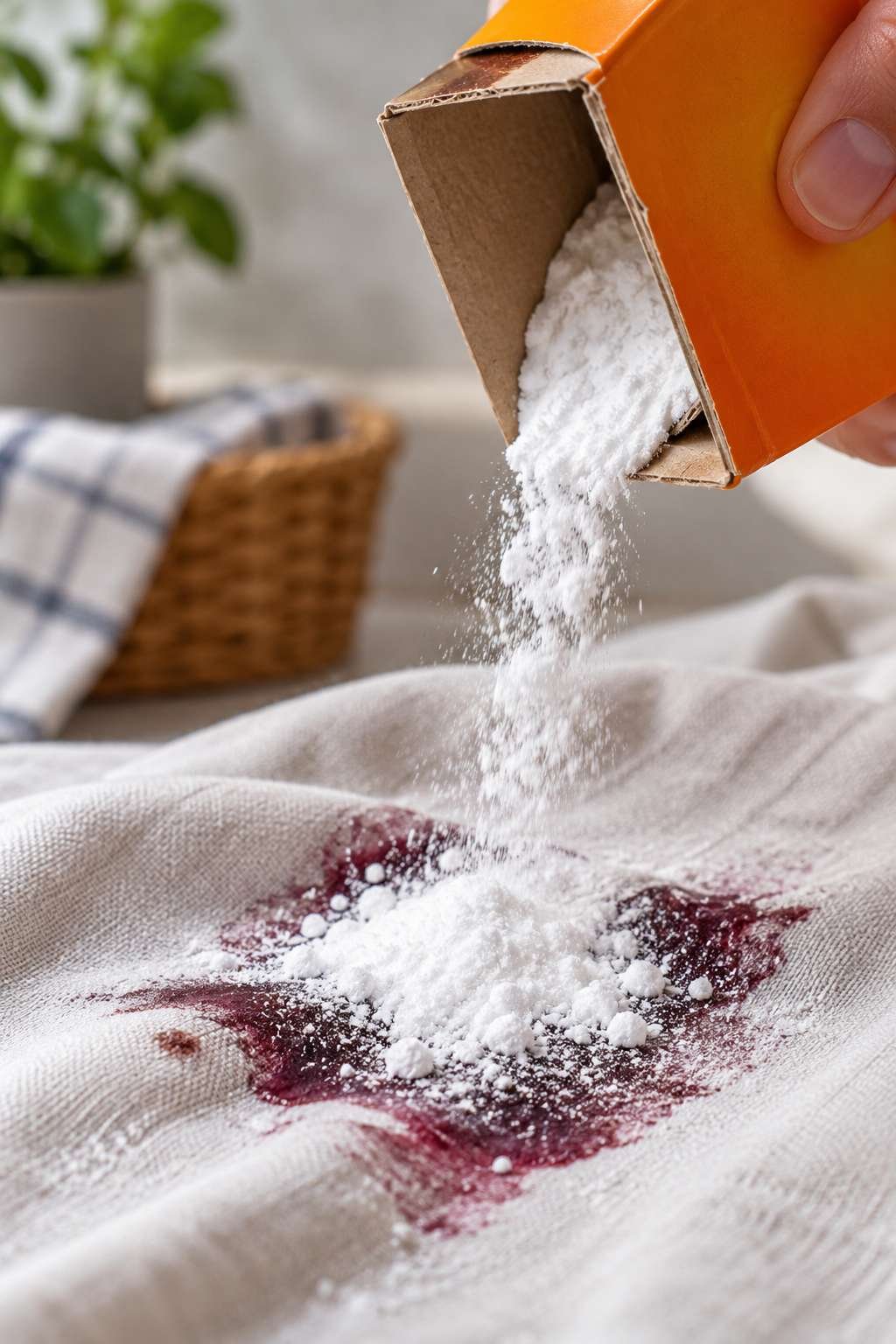 Sprinkling baking soda onto a fabric stain