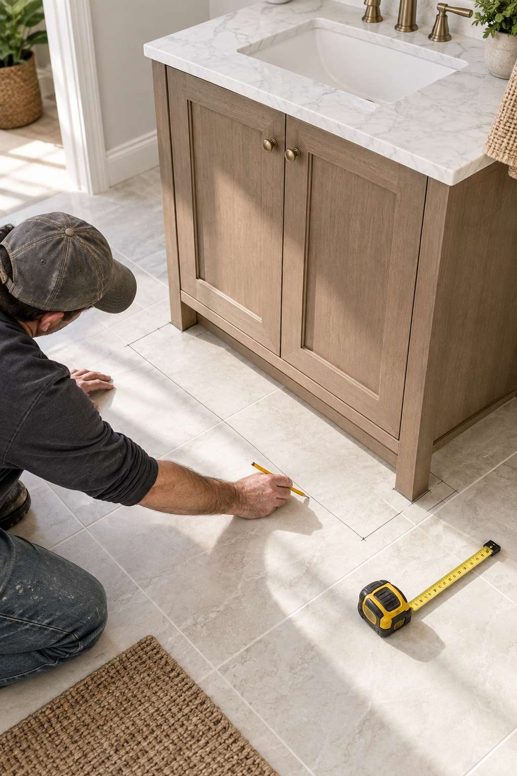 Pencil tracing a vanity outline on the bathroom floor for accurate placement