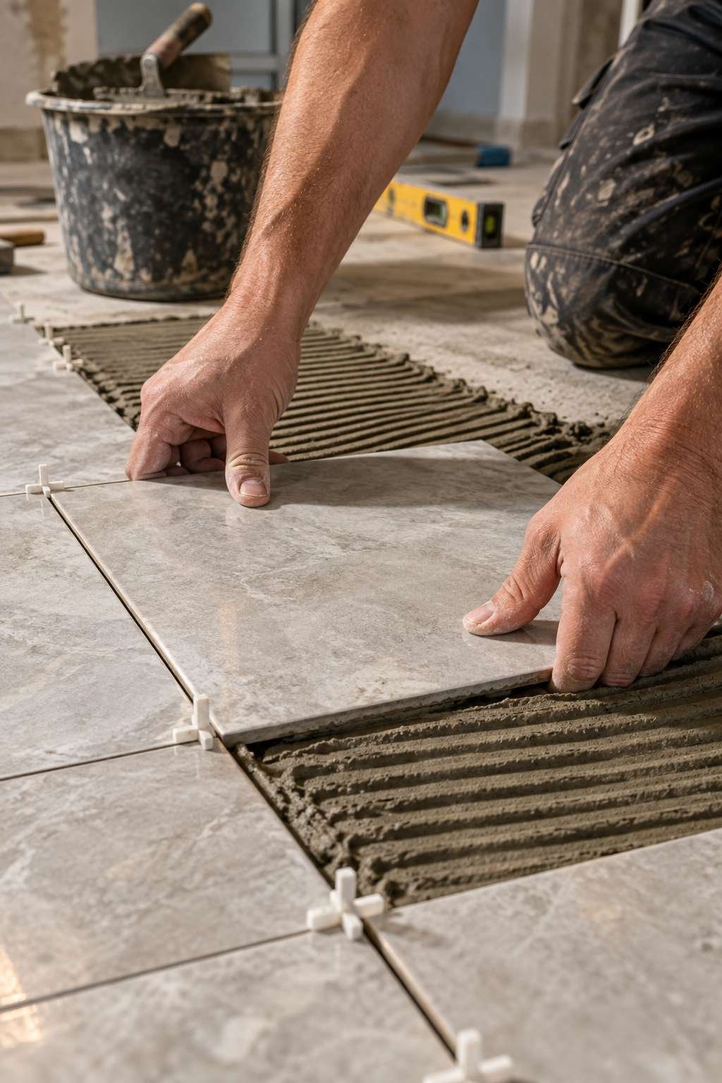Setting the first row of bathroom floor tile