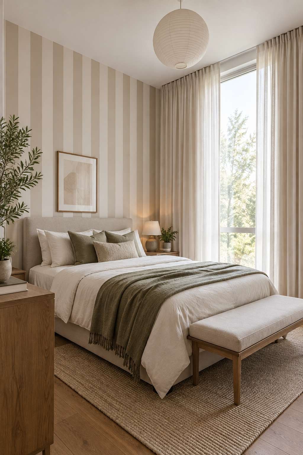 Bedroom wall with subtle vertical stripes and tall curtains to raise the ceiling