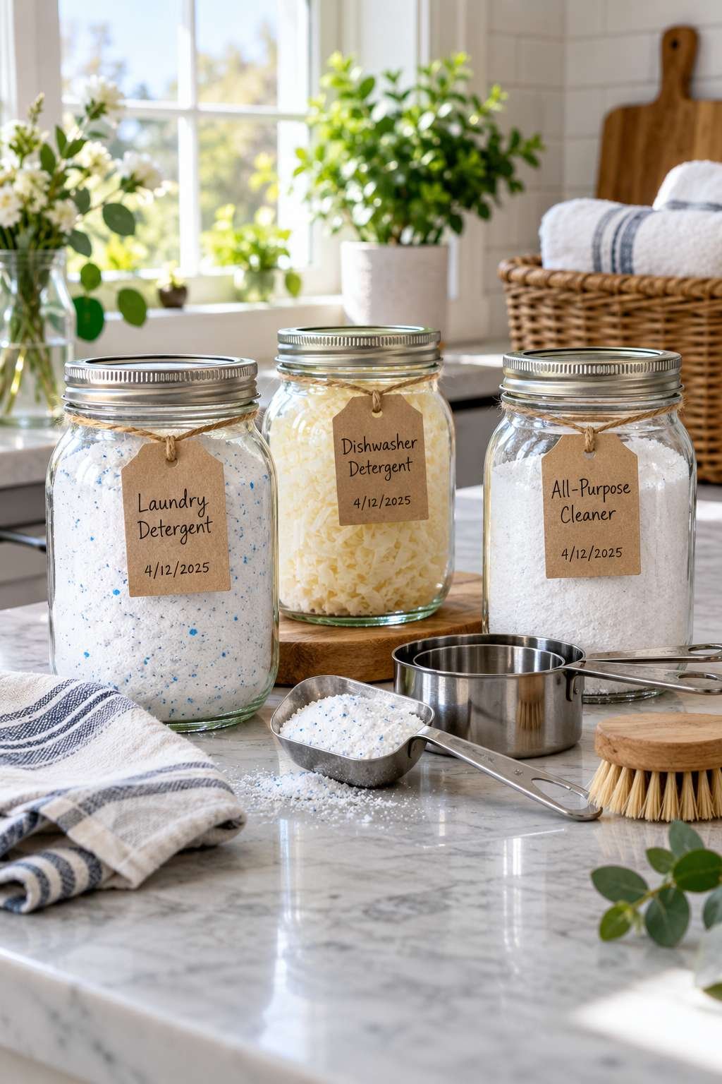 Labeled jars of homemade detergent with measuring cups for consistent batches