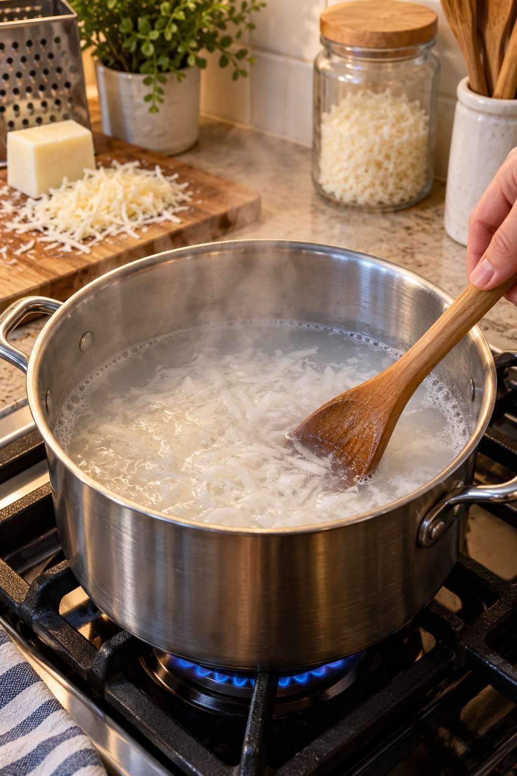 Grated soap dissolving in a pot of hot water on the stovetop