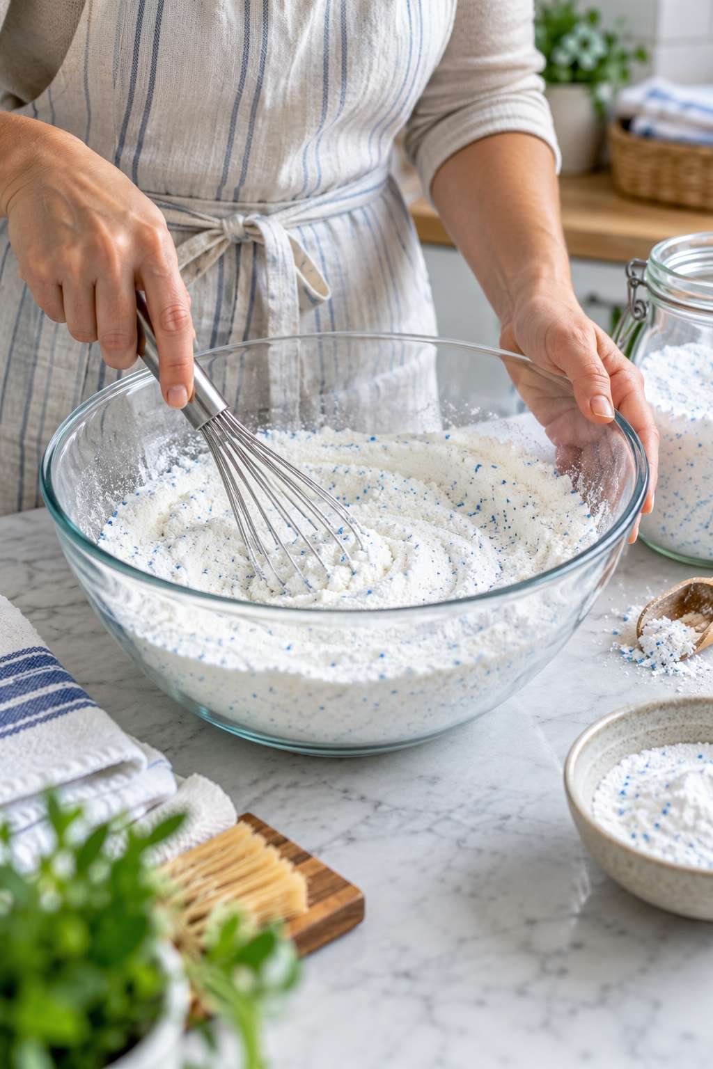 Mixing homemade laundry detergent ingredients in a bowl