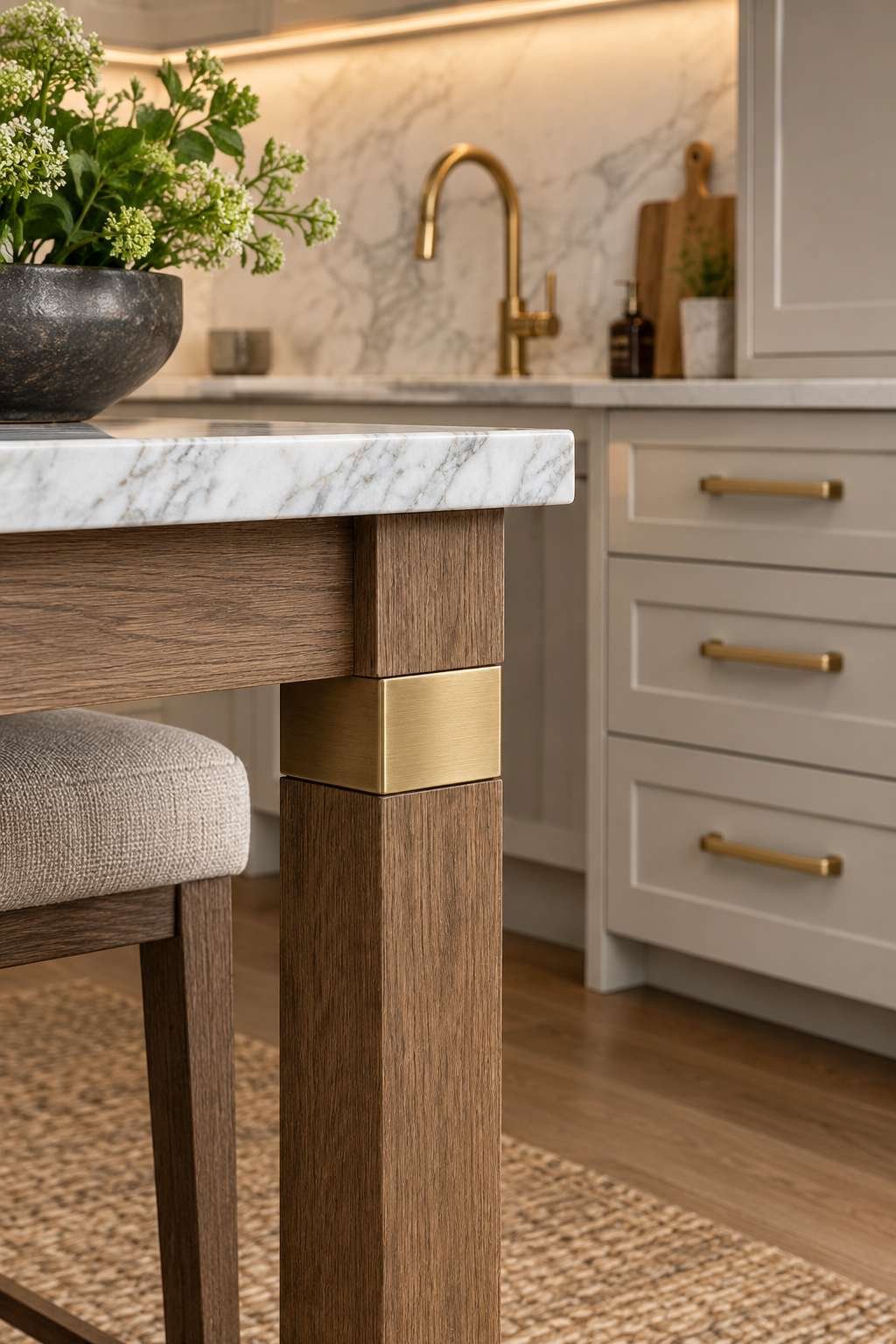 Coordinated brass hardware across a kitchen table, cabinets, and faucet