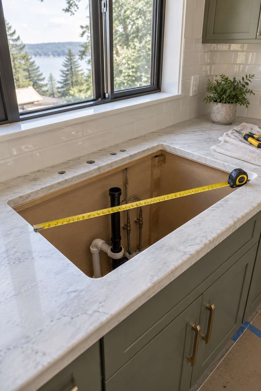 Measuring a countertop cutout before installing a kitchen sink