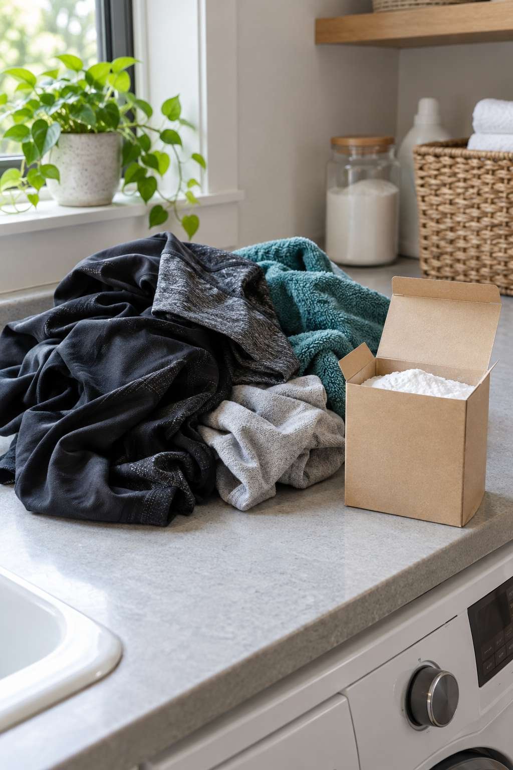 Baking soda beside gym clothes for odor removal