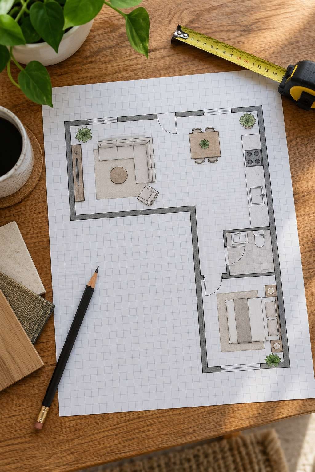 Graph paper sketch of an L-shaped room layout for measuring