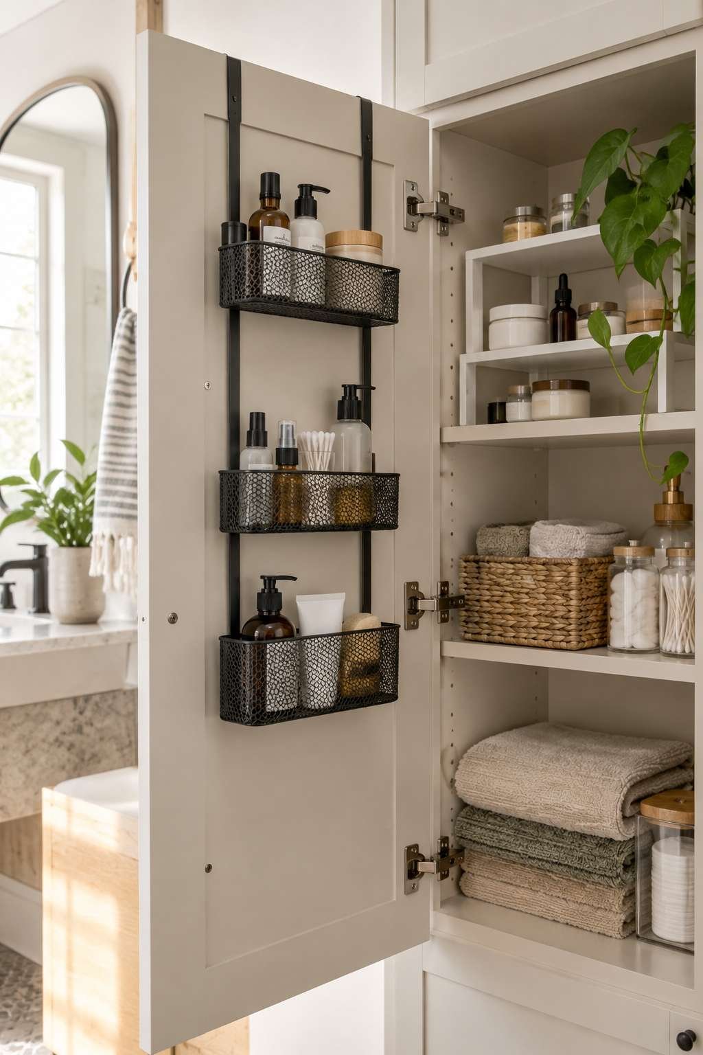Over-the-door organizer and shelf riser adding vertical bathroom cabinet storage
