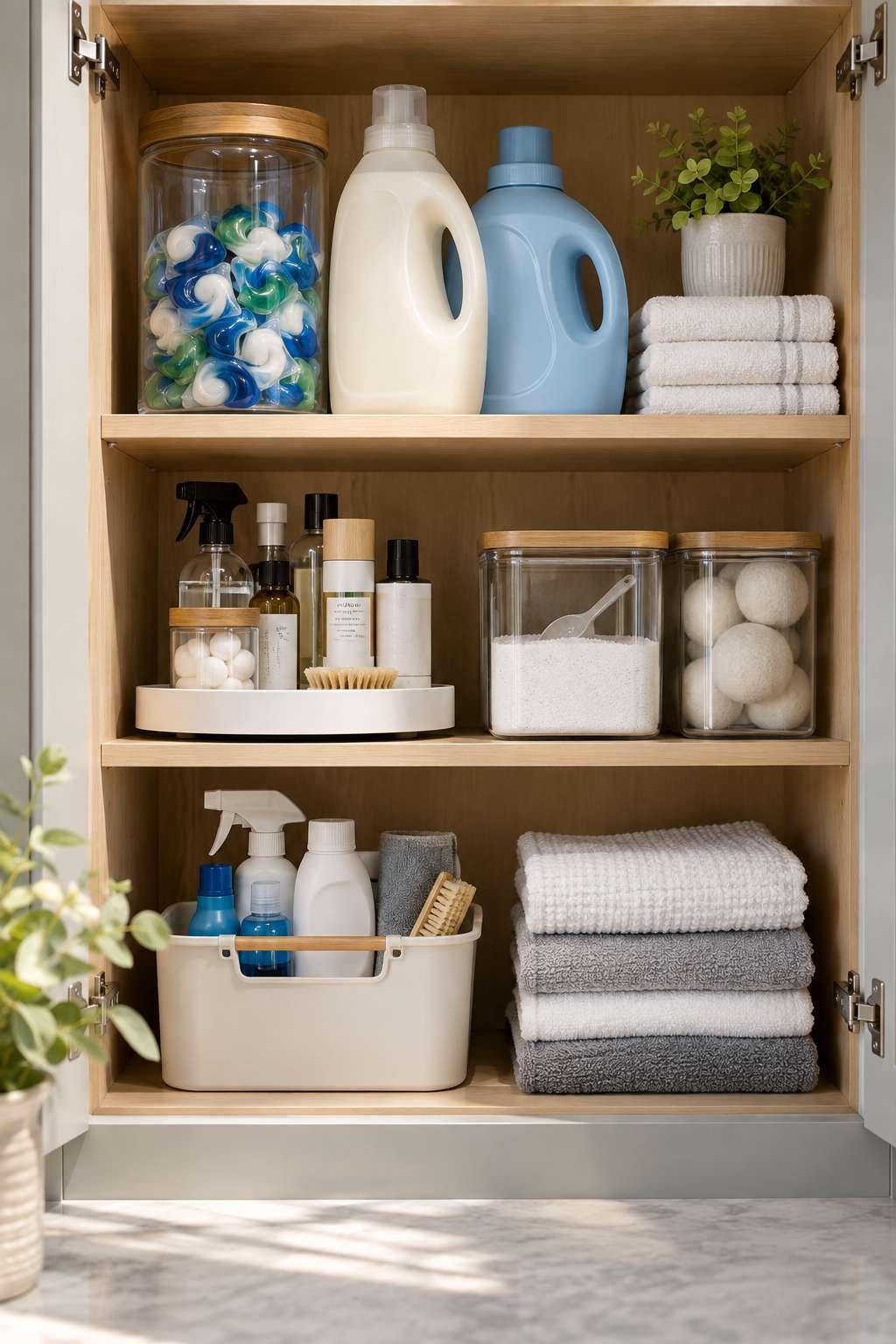 Neatly grouped laundry detergent and supplies in a cabinet