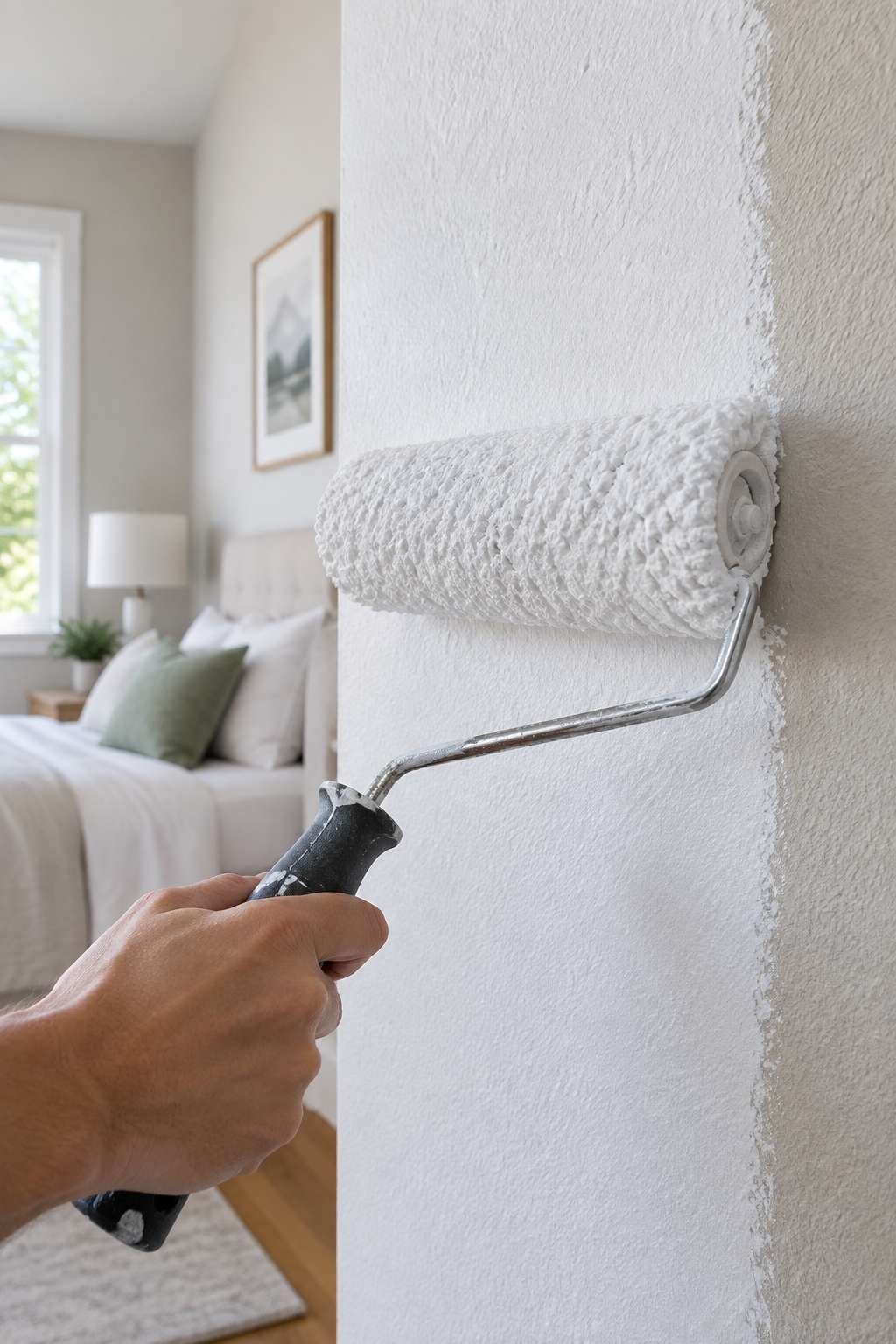 Roller applying primer to a bedroom wall before painting