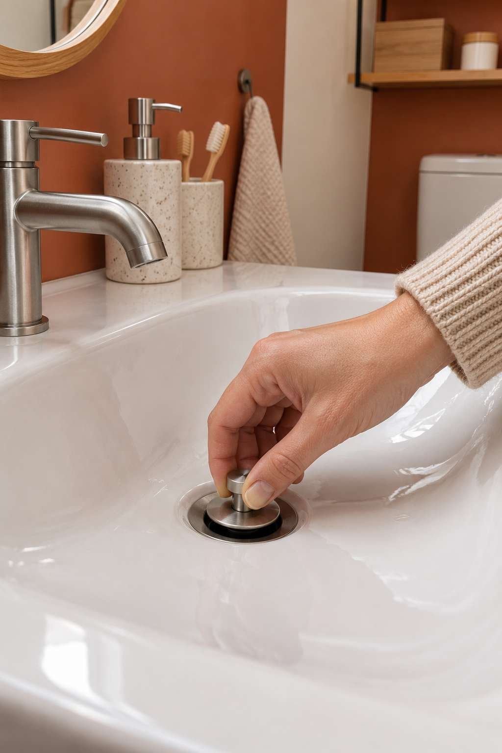 Twisting a lift-and-turn stopper knob to remove it from a bathroom sink