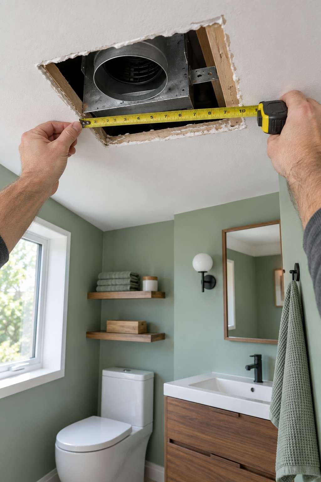 Measuring a ceiling opening before installing a new exhaust fan