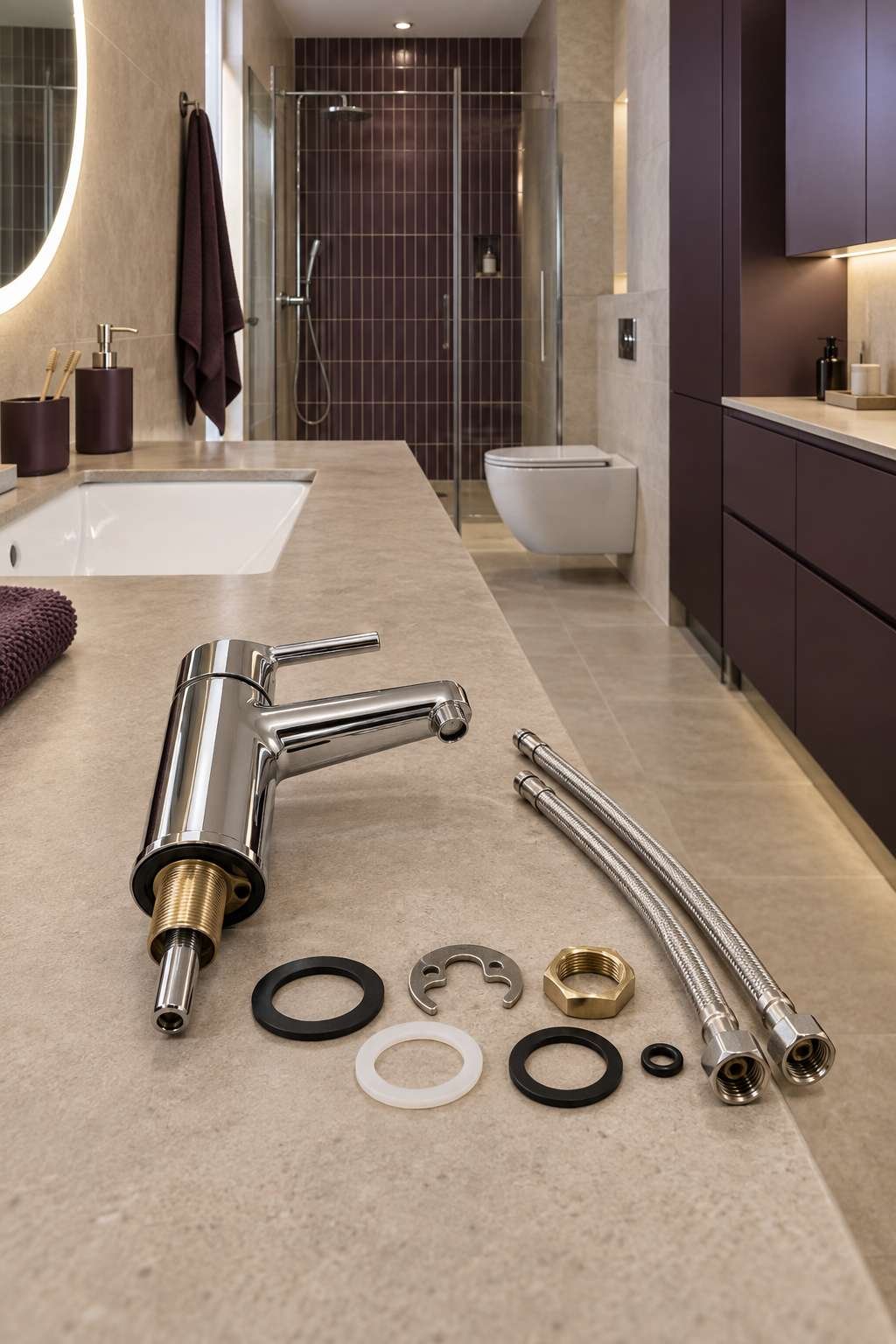 New bathroom faucet hardware laid out before installation
