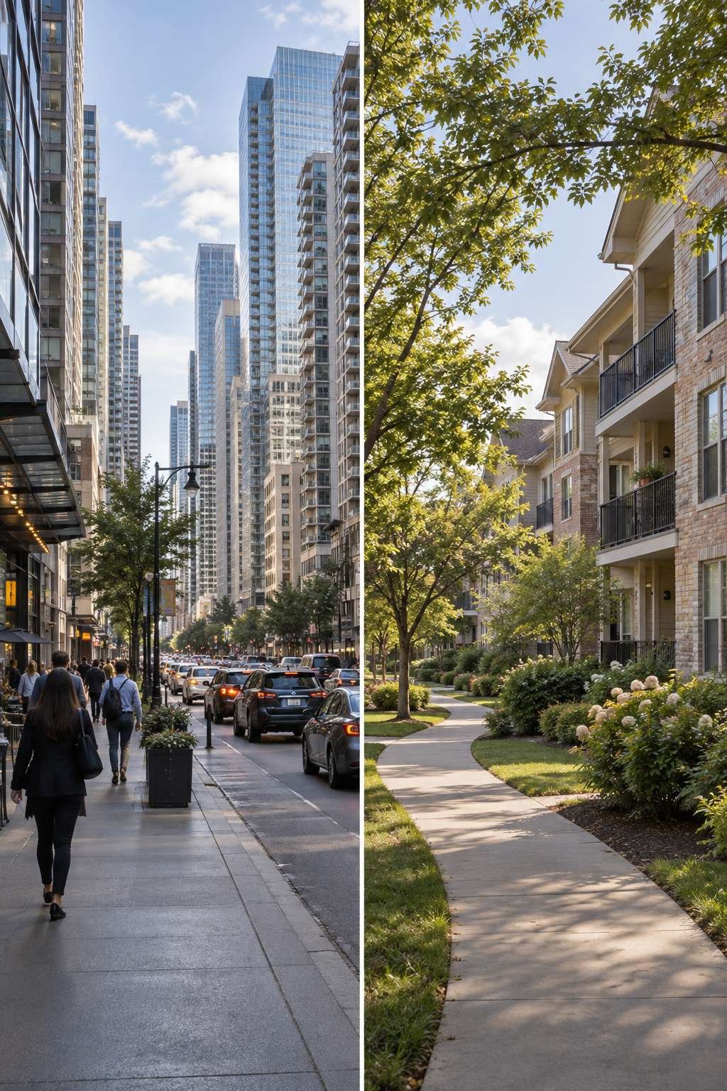 Downtown apartment street compared to a quiet suburban apartment complex