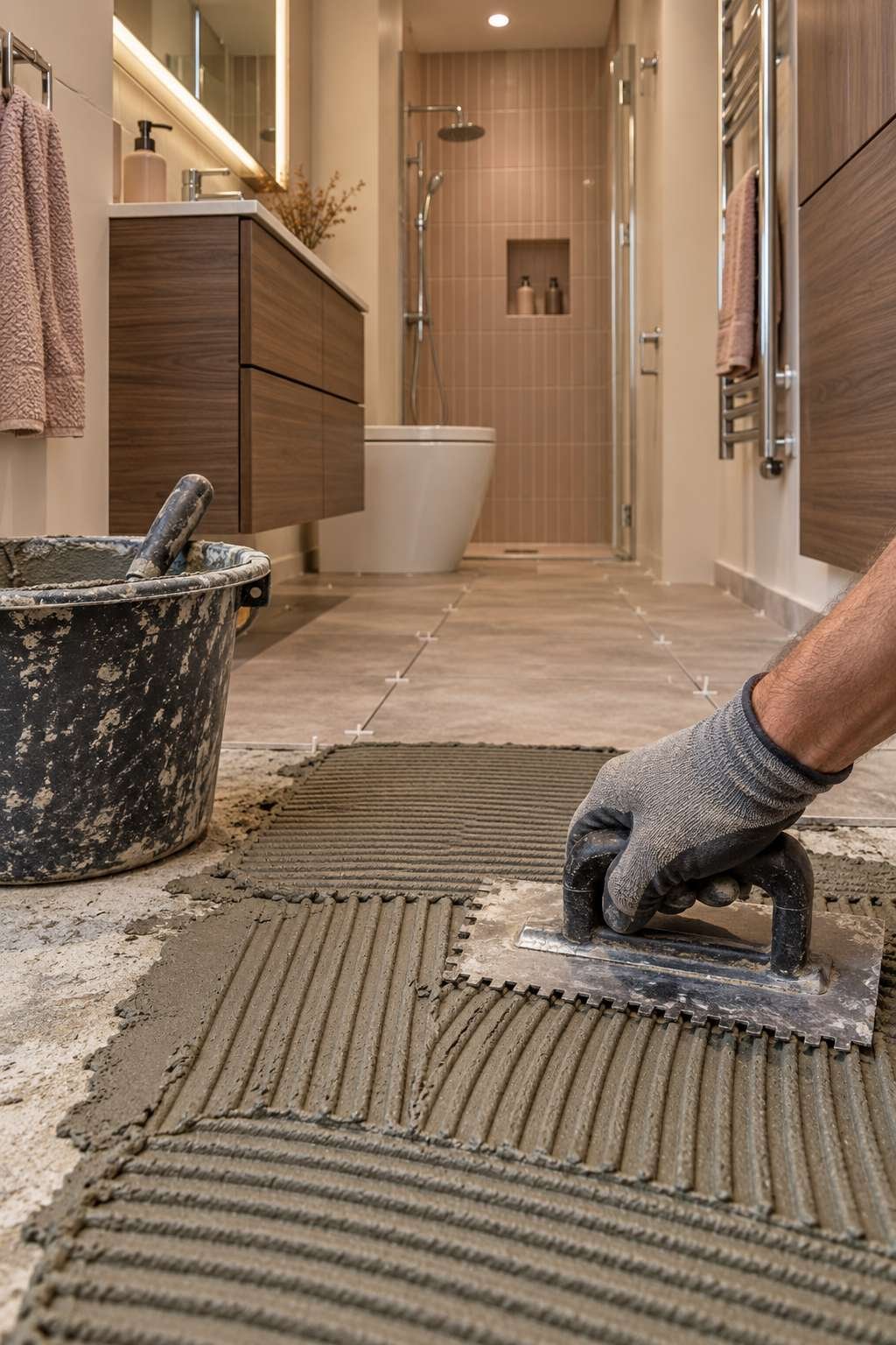 Spreading ridged thinset mortar across a bathroom subfloor with a trowel