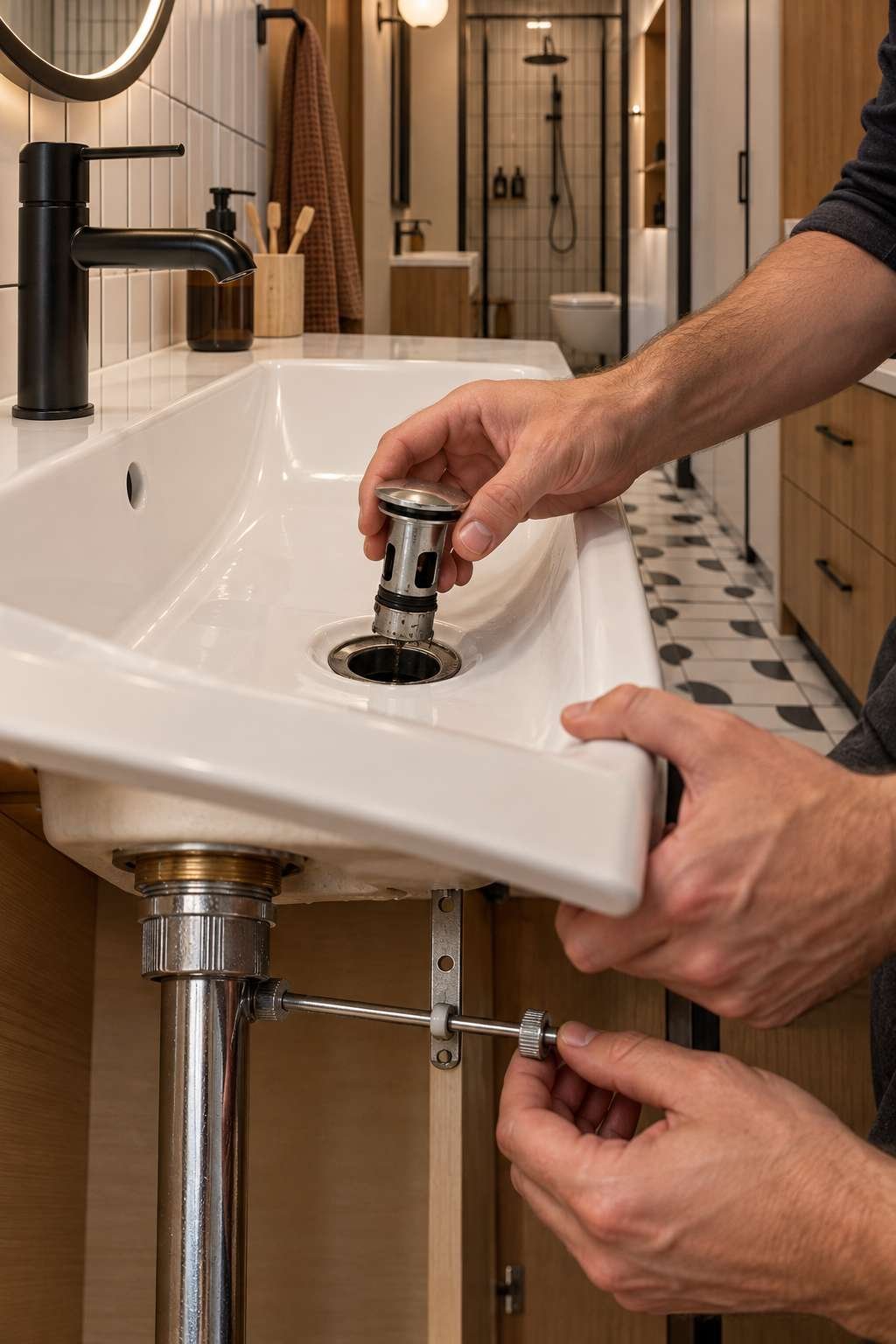 Removing a bathroom sink stopper to clean built-up hair and grime