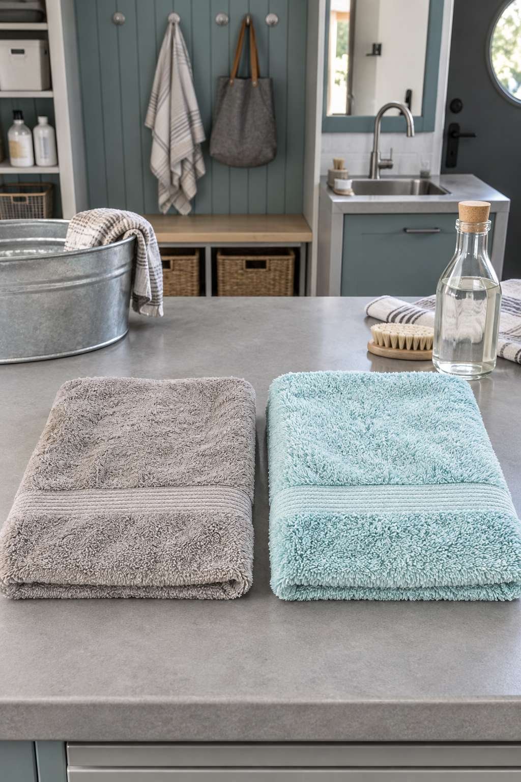 Comparison of a dull towel and a brighter towel after vinegar treatment