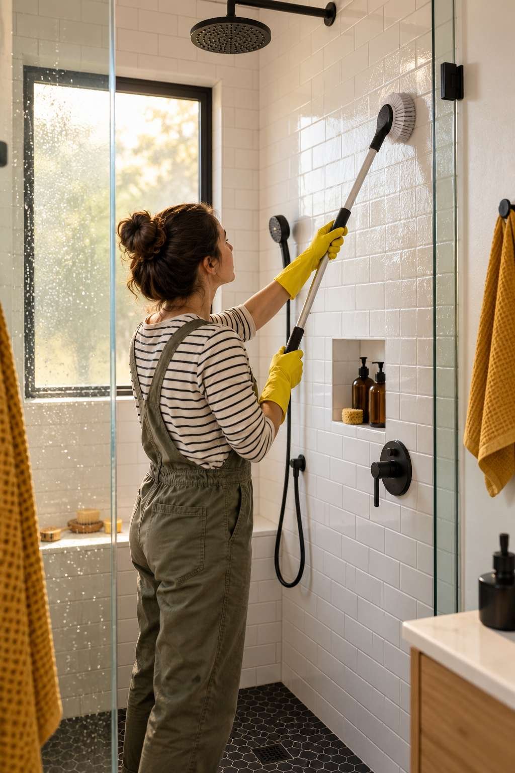 Scrubbing shower tile and glass in a modern walk-in shower