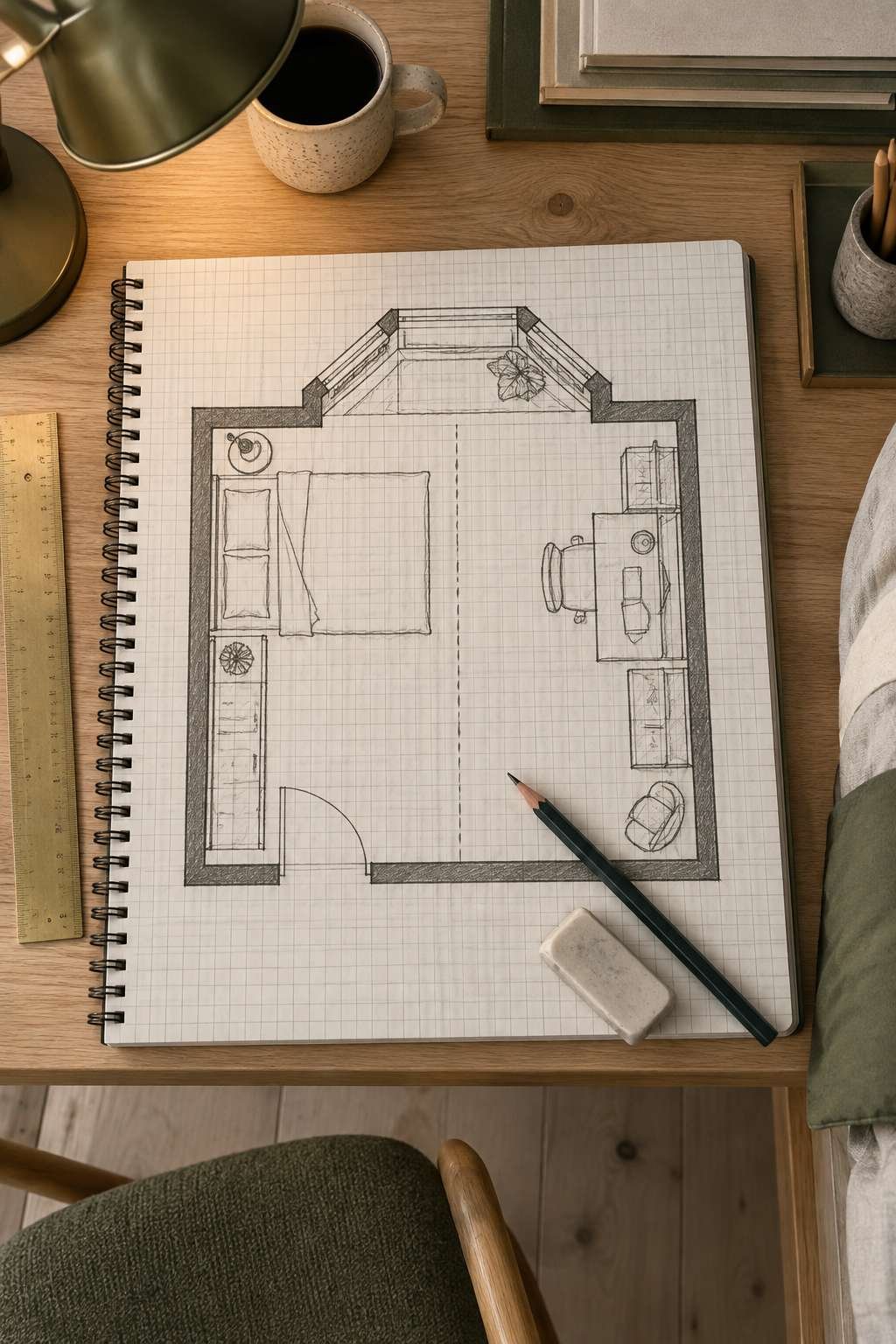 Floor plan sketch dividing an alcove room into measurable rectangles